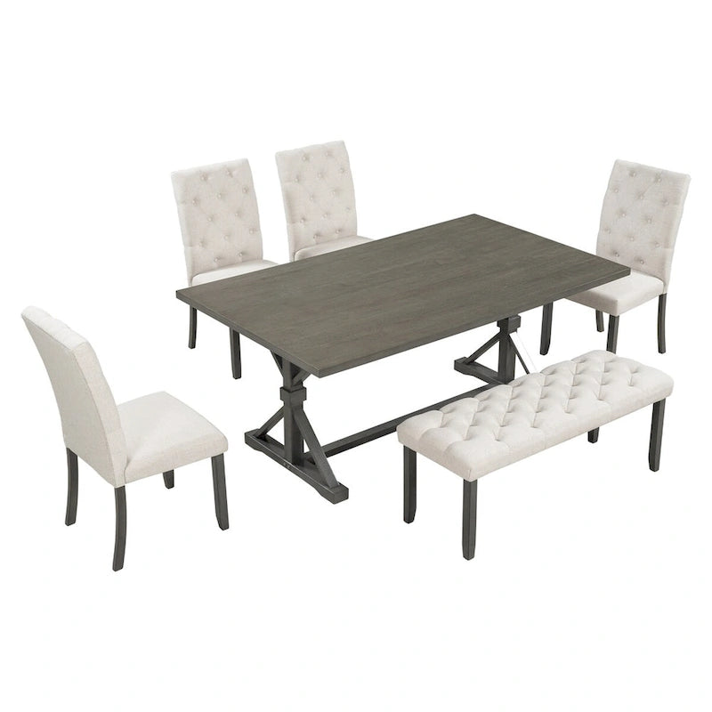 Engineered Wood 6-Piece Farmhouse Dining Table Set 72 Wood Rectangar Table, 4 Upholstered Chairs with Bench - image 25