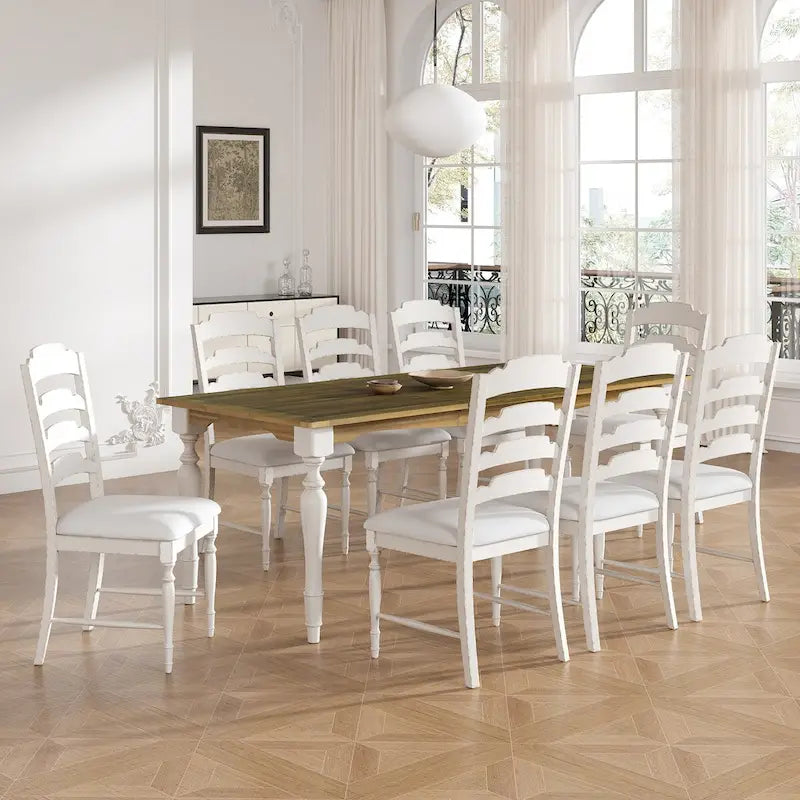 Solid Wood 9-Piece Extendable Dining Table Set with 8 Upholstered Dining Chairs