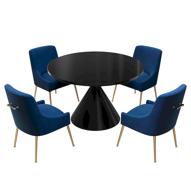 Fabric 48 Light Black High Gloss Large Countertop Dining Table with Velvet Dining Chair Set