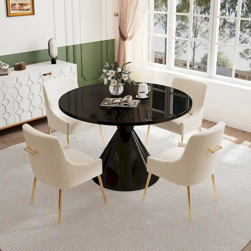 Fabric 48 Light Black High Gloss Large Countertop Dining Table with Velvet Dining Chair Set - image 4