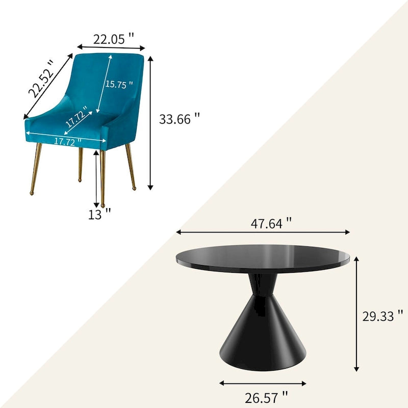 Fabric 48 Light Black High Gloss Large Countertop Dining Table with Velvet Dining Chair Set - image 11