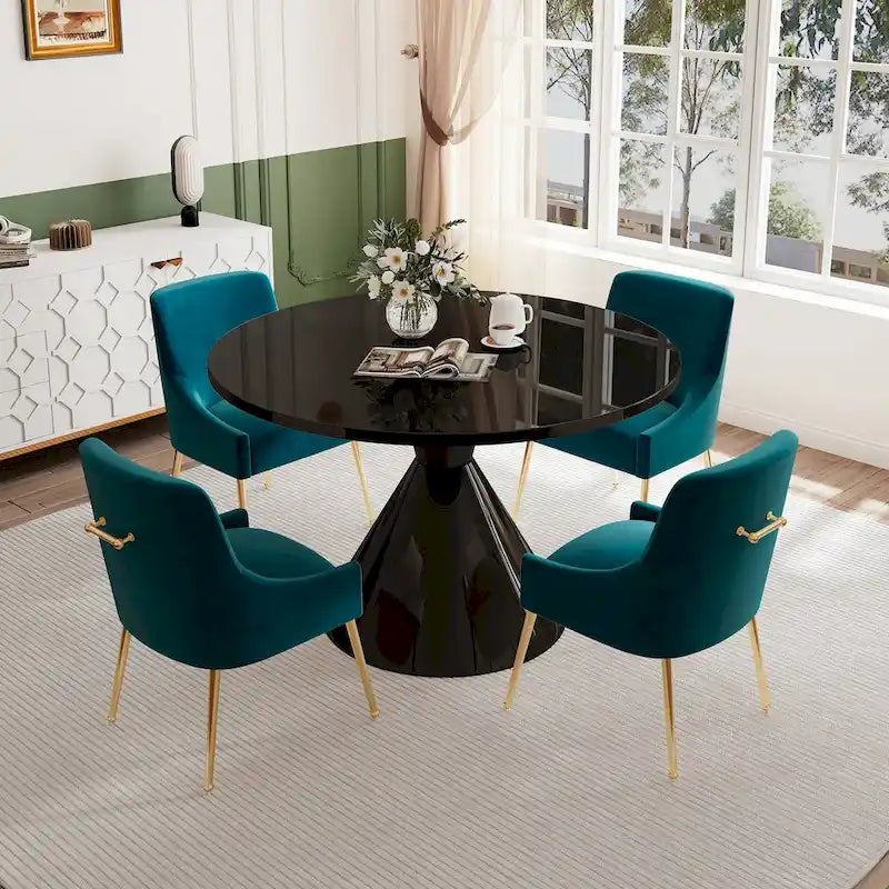 Fabric 48 Light Black High Gloss Large Countertop Dining Table with Velvet Dining Chair Set - image 15