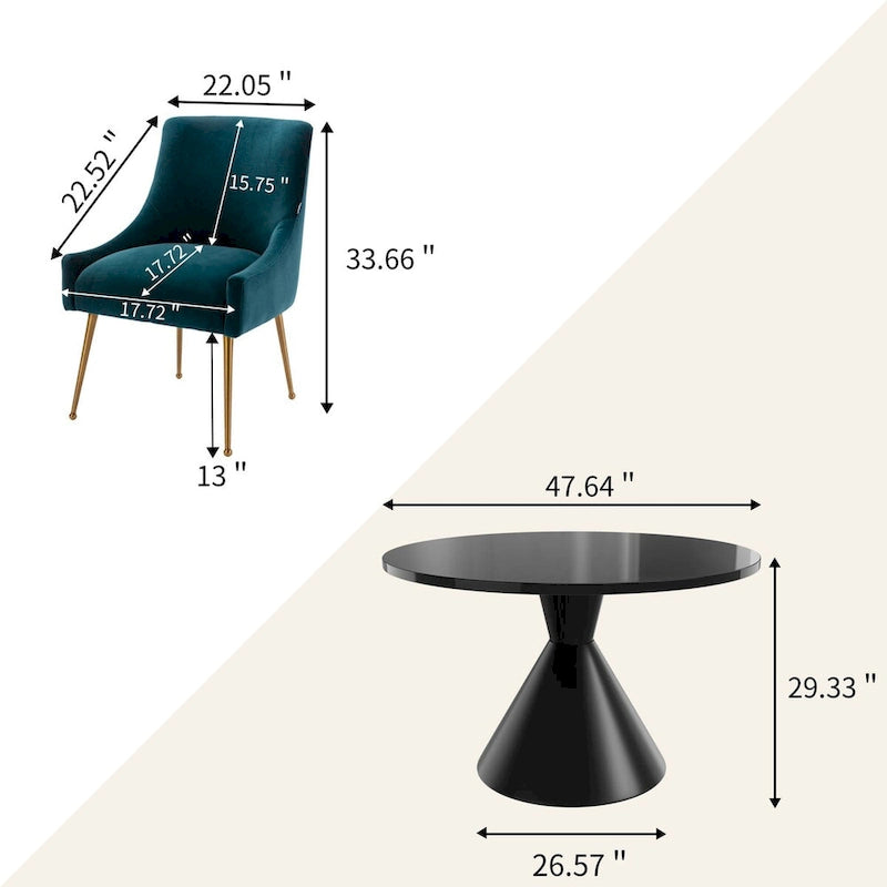 Fabric 48 Light Black High Gloss Large Countertop Dining Table with Velvet Dining Chair Set - image 17