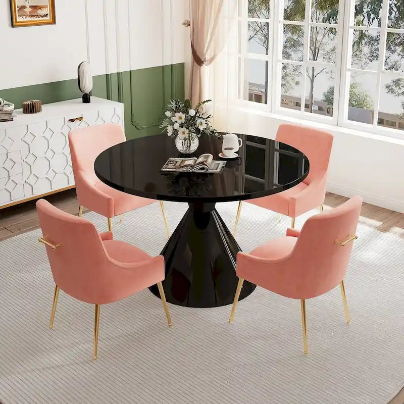 Fabric 48 Light Black High Gloss Large Countertop Dining Table with Velvet Dining Chair Set - image 21