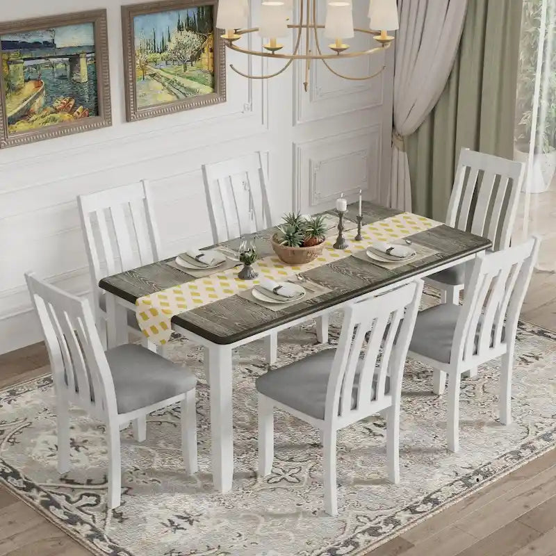 Engineered Wood Retro Style 7-Piece Dining Table Set with Extendable Table and 6 Upholstered Chairs (Antique Brown+White)