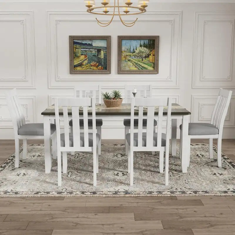 Engineered Wood Retro Style 7-Piece Dining Table Set with Extendable Table and 6 Upholstered Chairs (Antique Brown+White) - image 2
