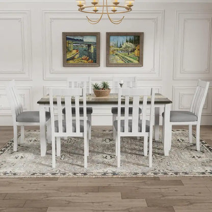 Engineered Wood Retro Style 7-Piece Dining Table Set with Extendable Table and 6 Upholstered Chairs (Antique Brown+White) - image 2