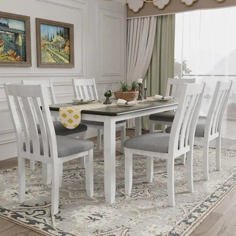 Engineered Wood Retro Style 7-Piece Dining Table Set with Extendable Table and 6 Upholstered Chairs (Antique Brown+White) - image 3
