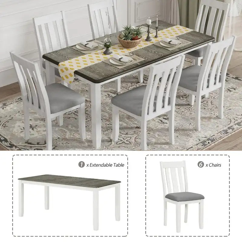 Engineered Wood Retro Style 7-Piece Dining Table Set with Extendable Table and 6 Upholstered Chairs (Antique Brown+White) - image 5