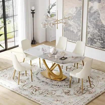 Metal 70.8 Dining Table, Modern Dining Table for 8, Antique White Sintered Stone with Stainless Steel Gold Pedestal