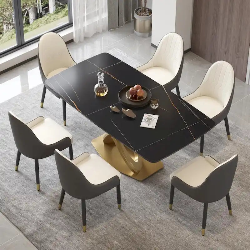 Metal 70.8 Dining Table, Modern Dining Table for 8, Antique White Sintered Stone with Stainless Steel Gold Pedestal
