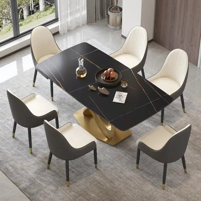 Metal 70.8 Dining Table, Modern Dining Table for 8, Antique White Sintered Stone with Stainless Steel Gold Pedestal