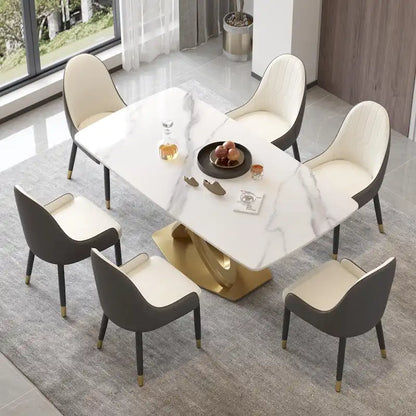 Metal 70.8 Dining Table, Modern Dining Table for 8, Antique White Sintered Stone with Stainless Steel Gold Pedestal