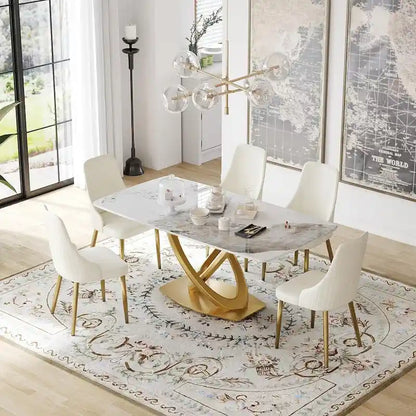 Metal 70.8 Dining Table, Modern Dining Table for 8, Antique White Sintered Stone with Stainless Steel Gold Pedestal - image 1