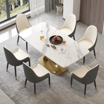 Metal 70.8 Dining Table, Modern Dining Table for 8, Antique White Sintered Stone with Stainless Steel Gold Pedestal - image 2
