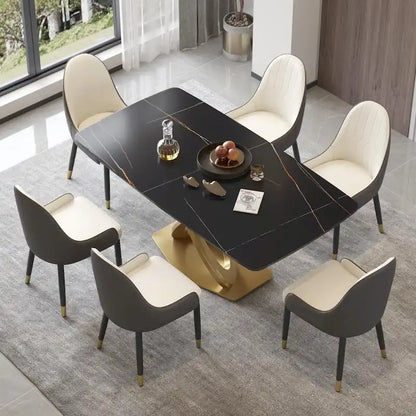Metal 70.8 Dining Table, Modern Dining Table for 8, Antique White Sintered Stone with Stainless Steel Gold Pedestal - image 3