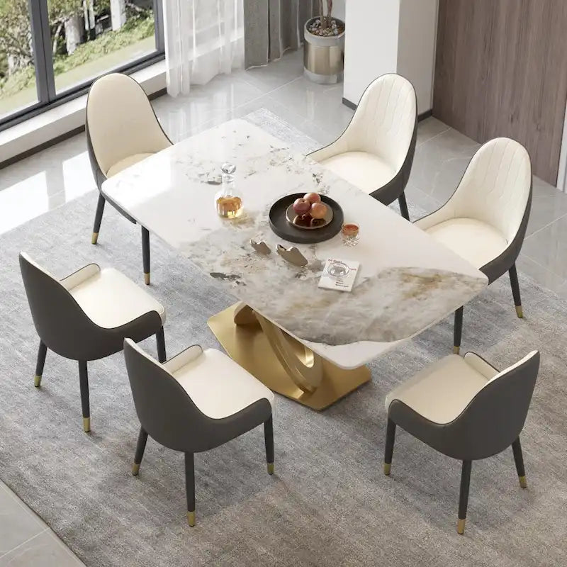 Metal 70.8 Dining Table, Modern Dining Table for 8, Antique White Sintered Stone with Stainless Steel Gold Pedestal - image 4