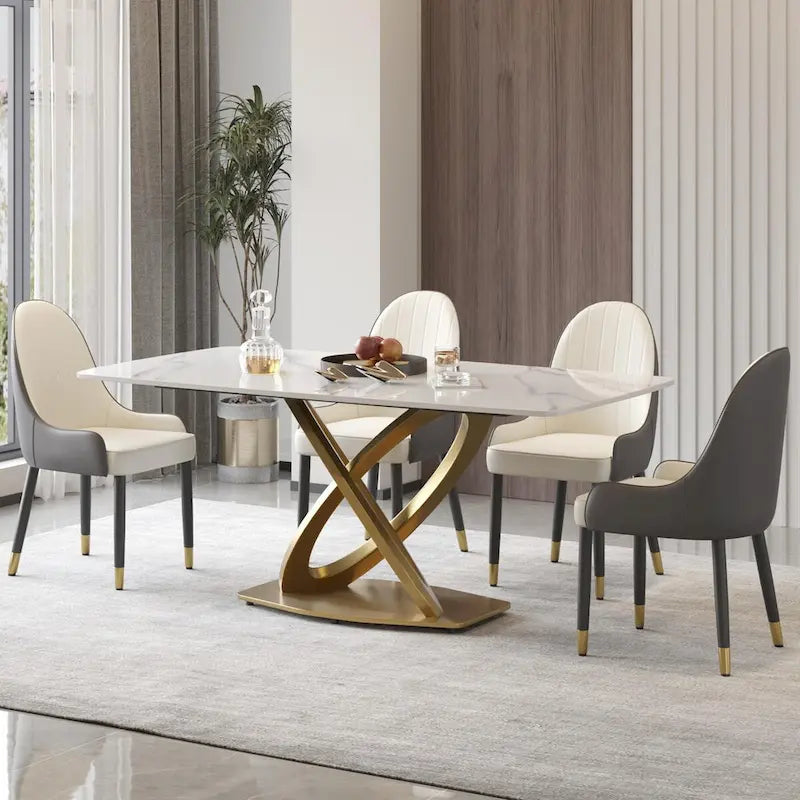 Metal 70.8 Dining Table, Modern Dining Table for 8, Antique White Sintered Stone with Stainless Steel Gold Pedestal - image 5