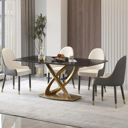 Metal 70.8 Dining Table, Modern Dining Table for 8, Antique White Sintered Stone with Stainless Steel Gold Pedestal - image 6