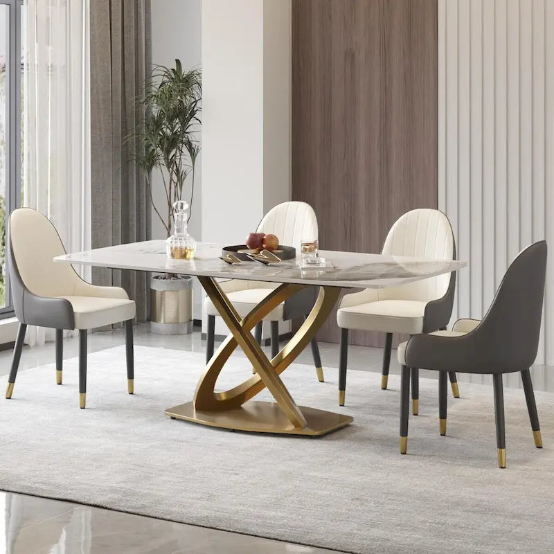 Metal 70.8 Dining Table, Modern Dining Table for 8, Antique White Sintered Stone with Stainless Steel Gold Pedestal - image 7