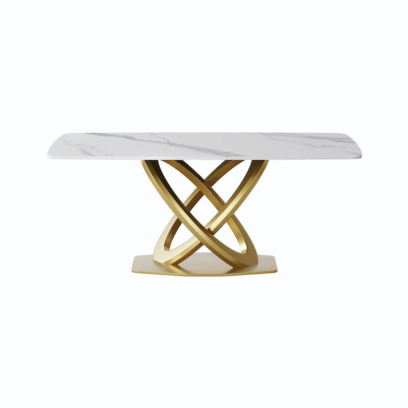 Metal 70.8 Dining Table, Modern Dining Table for 8, Antique White Sintered Stone with Stainless Steel Gold Pedestal - image 8