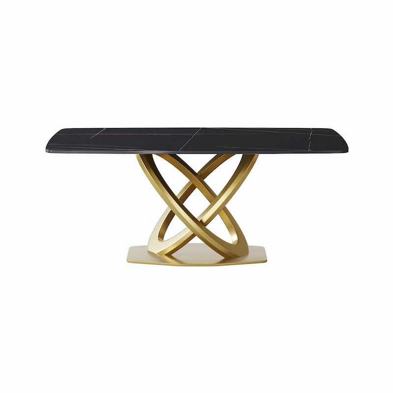 Metal 70.8 Dining Table, Modern Dining Table for 8, Antique White Sintered Stone with Stainless Steel Gold Pedestal - image 9