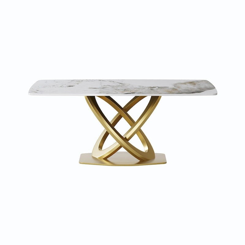 Metal 70.8 Dining Table, Modern Dining Table for 8, Antique White Sintered Stone with Stainless Steel Gold Pedestal - image 10