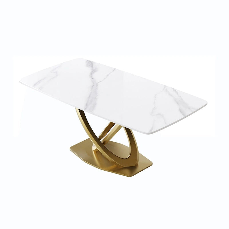 Metal 70.8 Dining Table, Modern Dining Table for 8, Antique White Sintered Stone with Stainless Steel Gold Pedestal - image 11