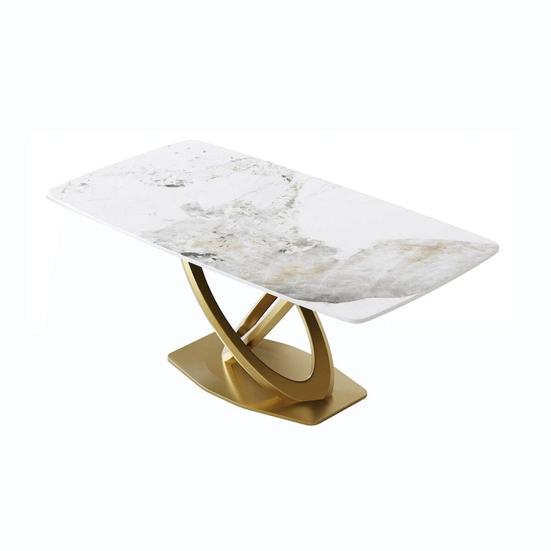 Metal 70.8 Dining Table, Modern Dining Table for 8, Antique White Sintered Stone with Stainless Steel Gold Pedestal - image 13