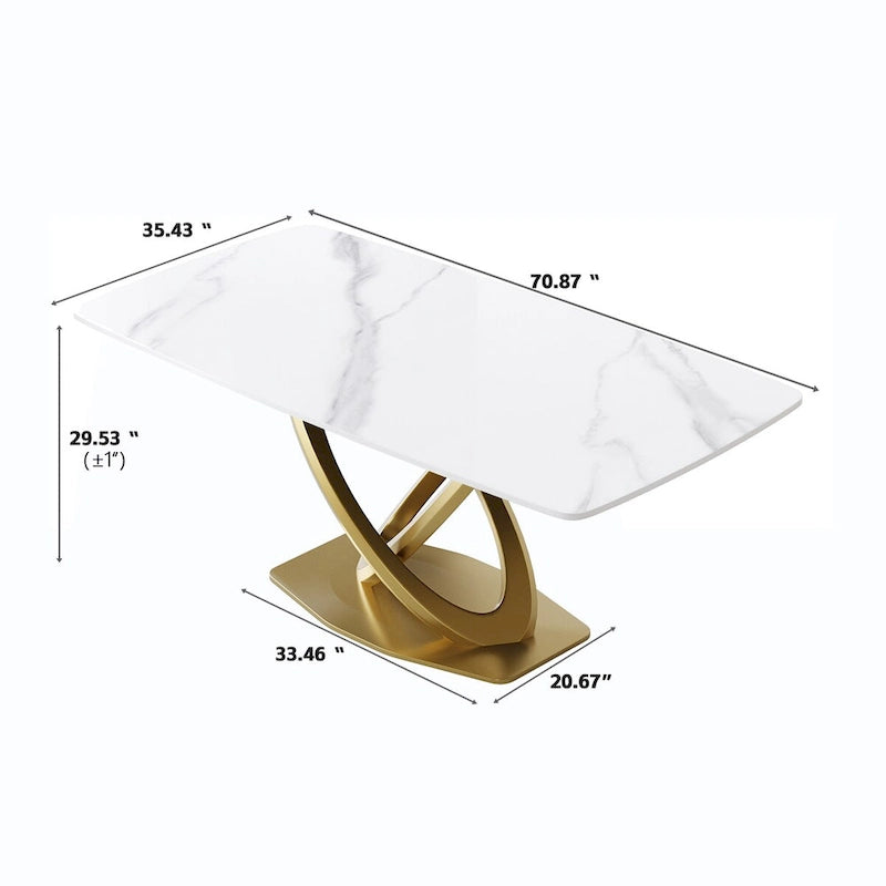 Metal 70.8 Dining Table, Modern Dining Table for 8, Antique White Sintered Stone with Stainless Steel Gold Pedestal - image 14