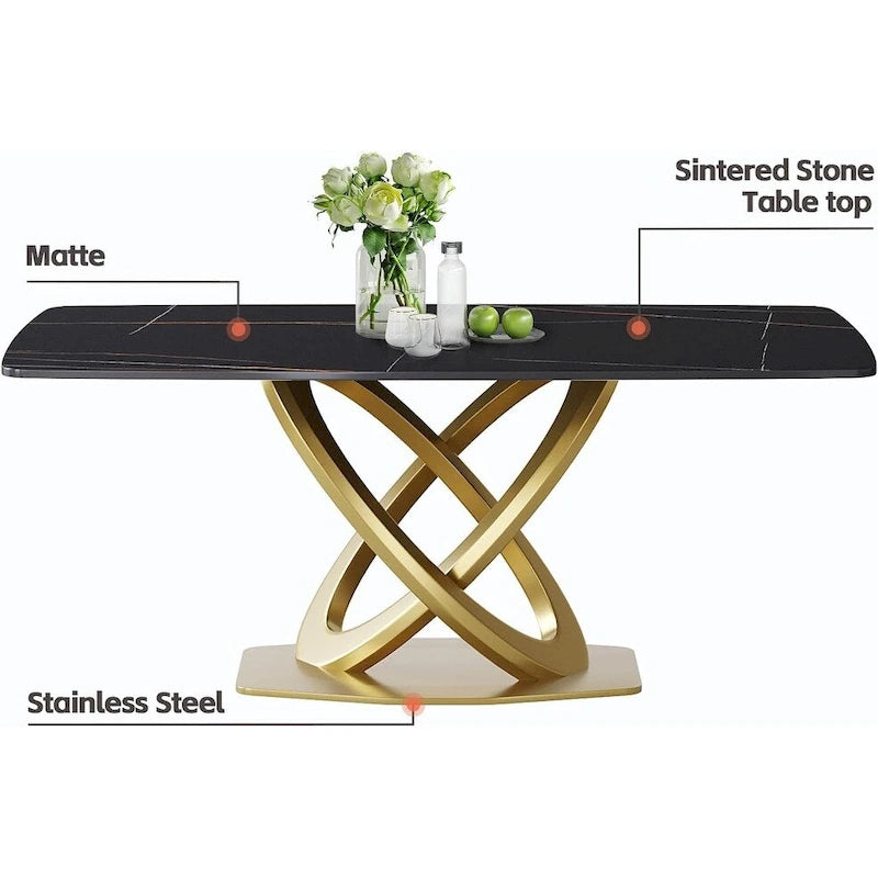 Metal 70.8 Dining Table, Modern Dining Table for 8, Antique White Sintered Stone with Stainless Steel Gold Pedestal - image 17