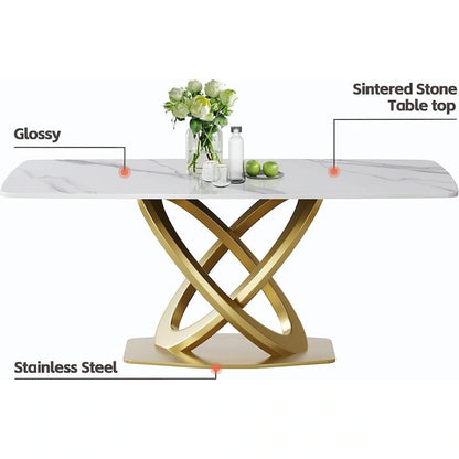 Metal 70.8 Dining Table, Modern Dining Table for 8, Antique White Sintered Stone with Stainless Steel Gold Pedestal - image 18