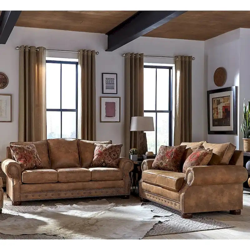 Solid Wood Rancho 2-pc. Rustic Brown Buckskin Sofa and Loveseat Set - image 1