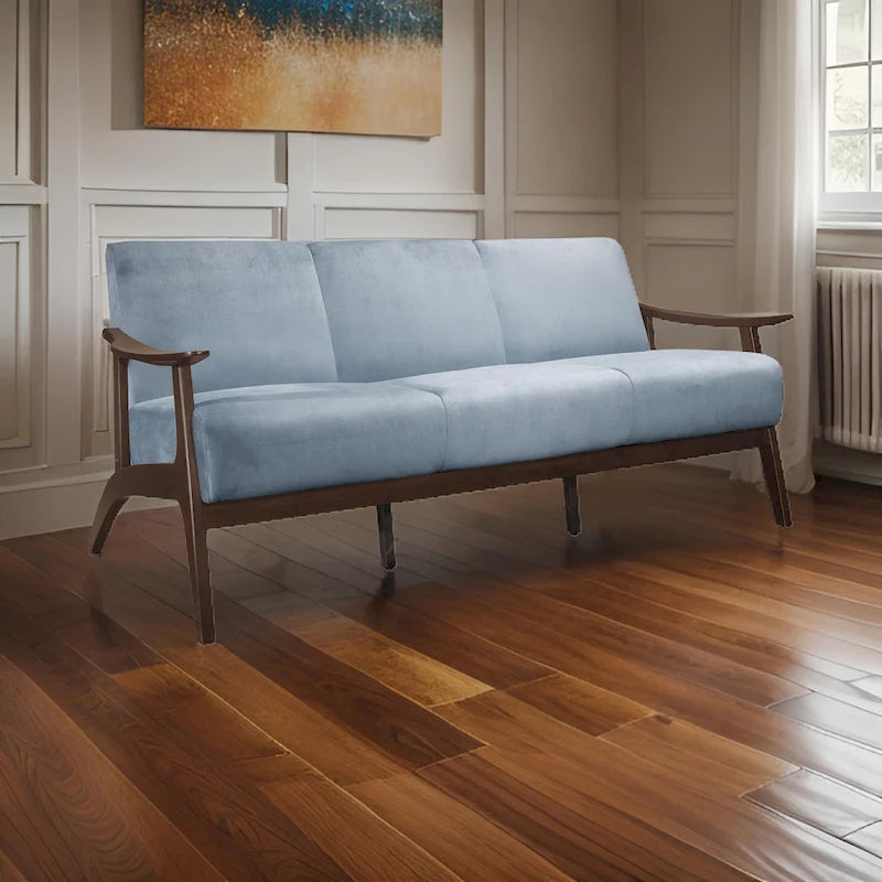 Rica 73 Inch Sofa, Soft Blue Gray Velvet, Walnut Brown Solid Rubberwood - image 1