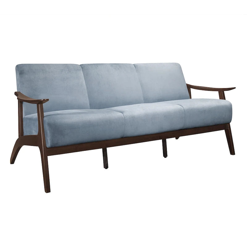Rica 73 Inch Sofa, Soft Blue Gray Velvet, Walnut Brown Solid Rubberwood - image 2