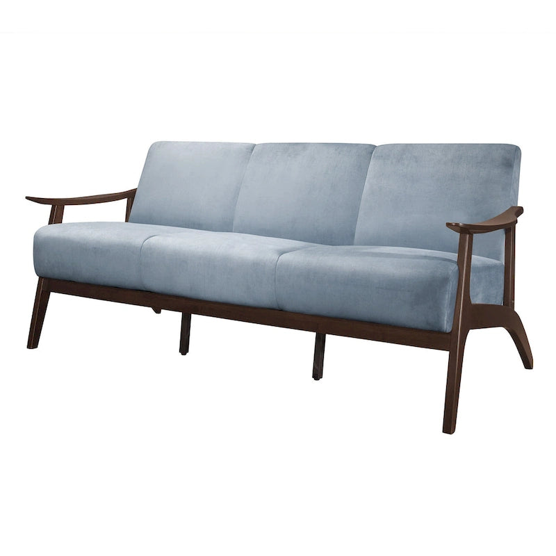 Rica 73 Inch Sofa, Soft Blue Gray Velvet, Walnut Brown Solid Rubberwood - image 5