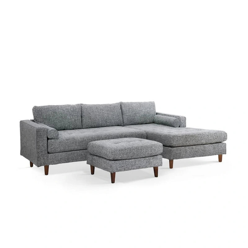 Solid Wood Ryle 104 Inch Sectional Sofa with Chaise and Ottoman, 2 Pillows, Gray Woven - image 1