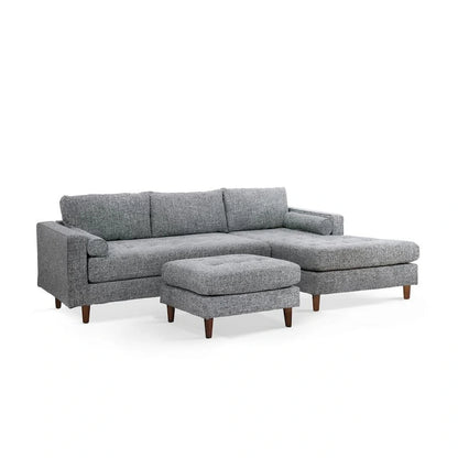 Solid Wood Ryle 104 Inch Sectional Sofa with Chaise and Ottoman, 2 Pillows, Gray Woven - image 1