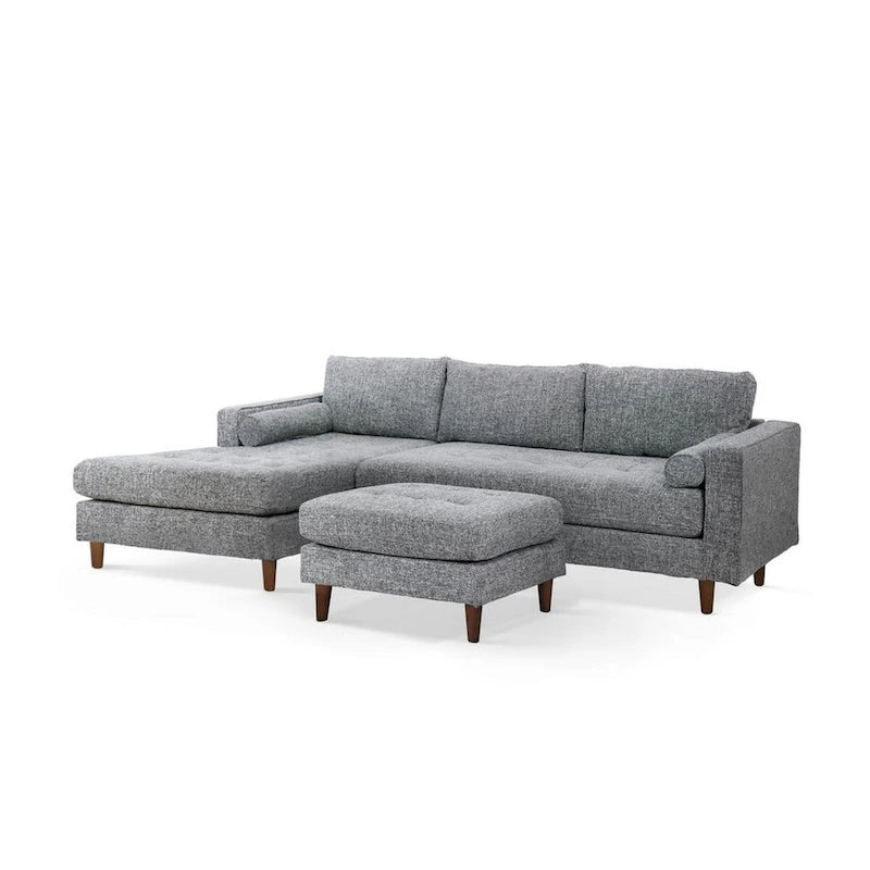 Solid Wood Ryle 104 Inch Sectional Sofa with Chaise and Ottoman, 2 Pillows, Gray Woven - image 2