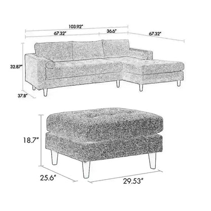 Solid Wood Ryle 104 Inch Sectional Sofa with Chaise and Ottoman, 2 Pillows, Gray Woven - image 5