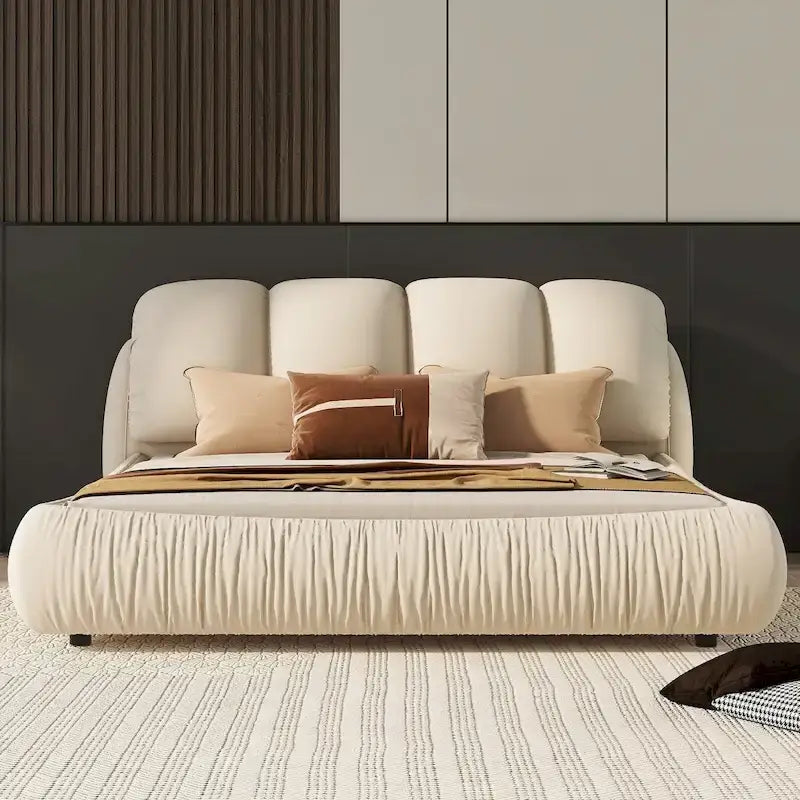 Metal Queen Size Upholstered Bed With Thick Headboard, Vevet Queen Bed with Oversized Padded Backrest