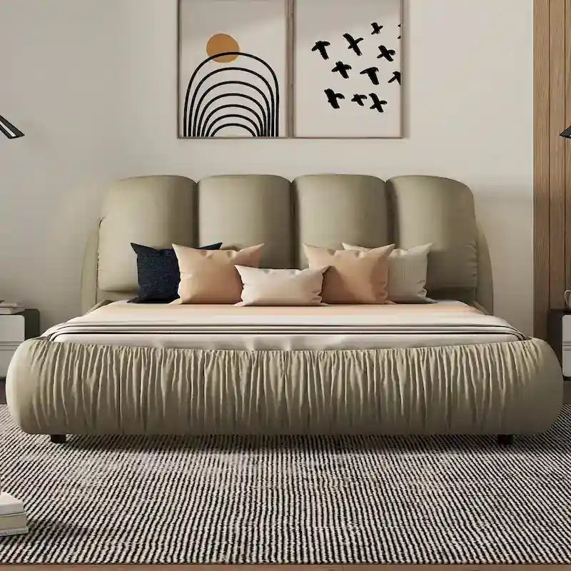 Metal Queen Size Upholstered Bed With Thick Headboard, Vevet Queen Bed with Oversized Padded Backrest - image 1